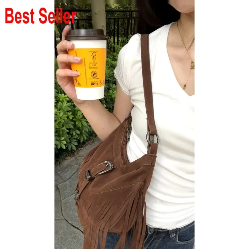 Faux Suede Mini Hobo Crossbody Bag with Fringe & Tassel